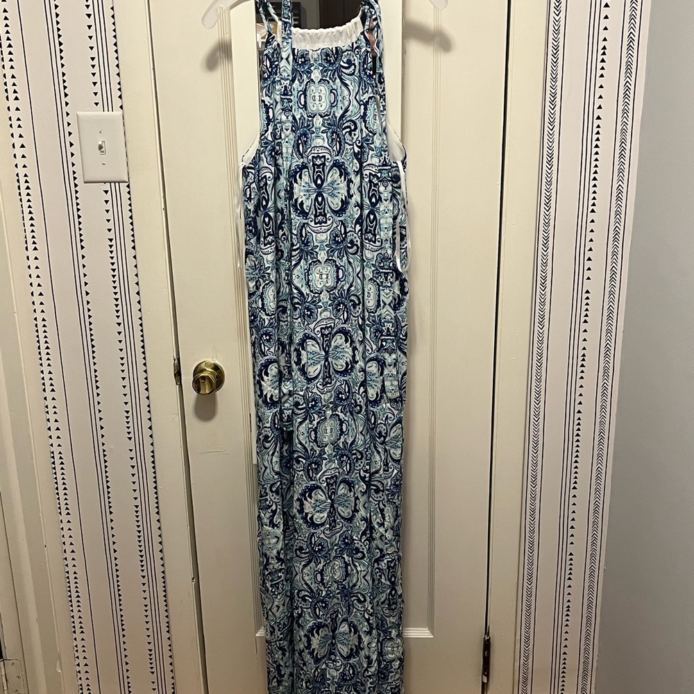 Cremieux long blue and white dress. Tie neck